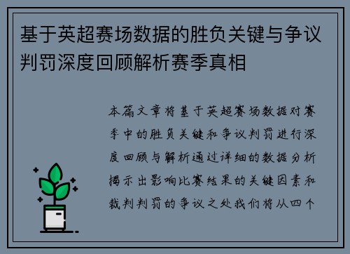 基于英超赛场数据的胜负关键与争议判罚深度回顾解析赛季真相